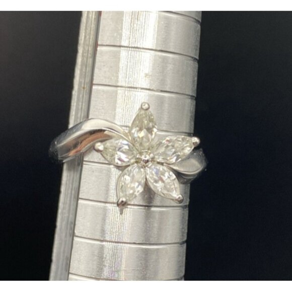 Sterling Silver CZ Flower Ring Marquise 925 Plumeria Daisy Size 6.5 April Bday - Picture 10 of 11